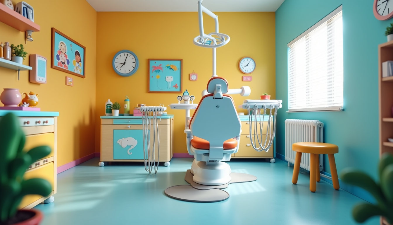 Eye-level view of a colorful pediatric dental office with child-friendly decorations