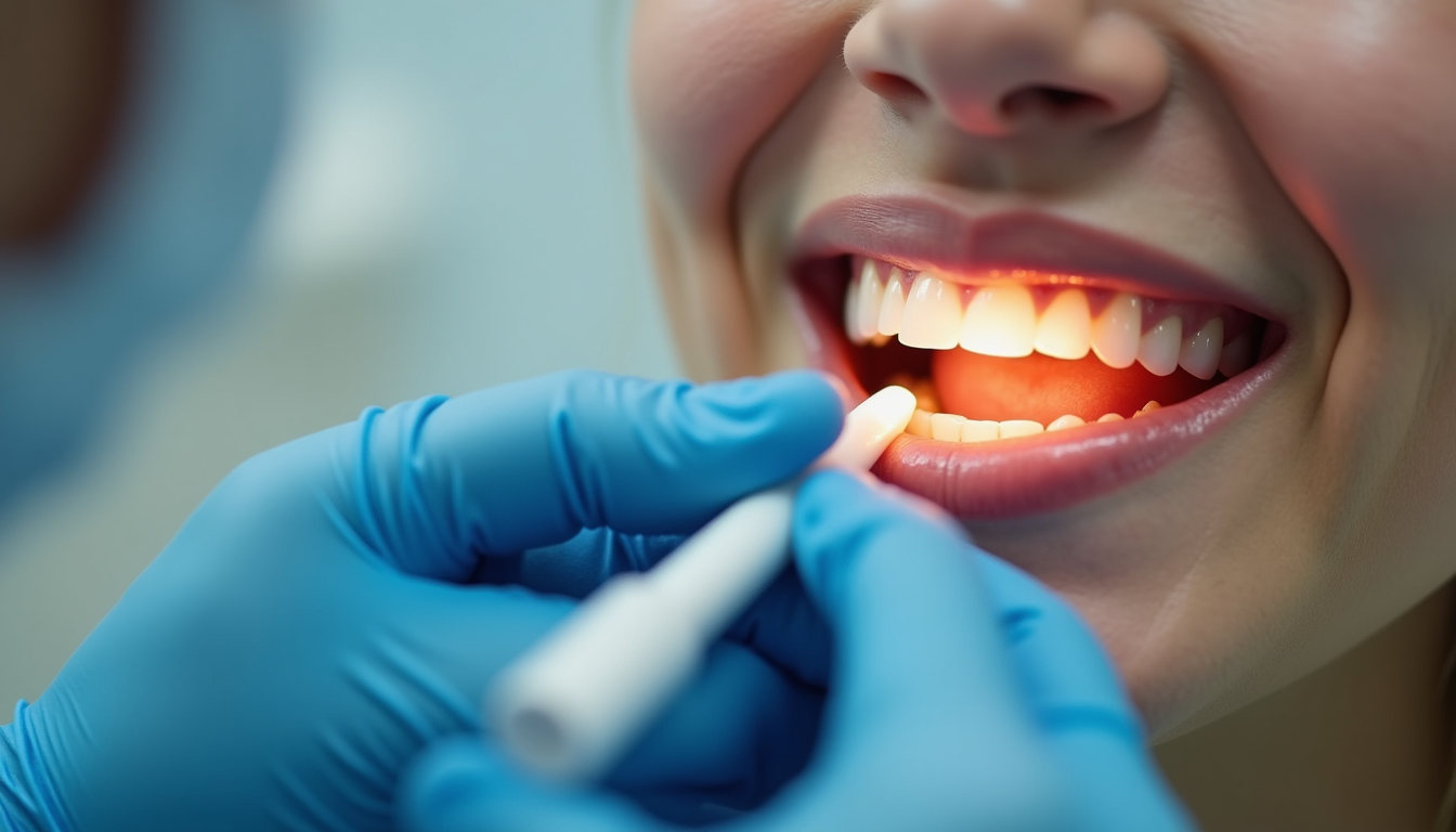 Close-up view of a dental professional applying whitening treatment to teeth